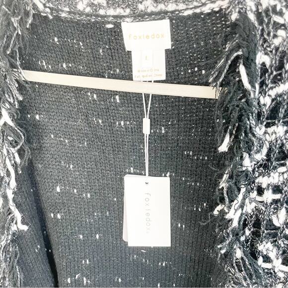 FOXIEDOX Black and White Knit Fringe Cardigan Size Large NWT - Picture 3 of 7
